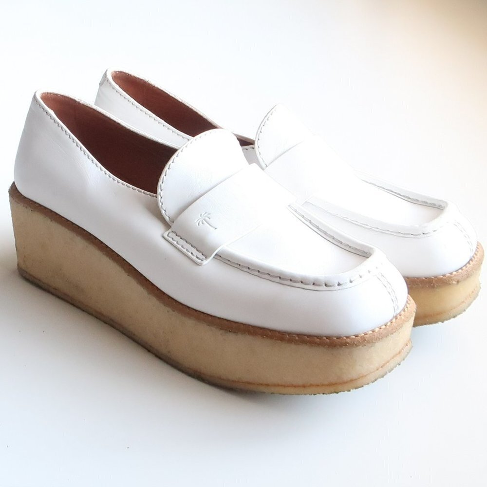 Tomas Maier White Leather Crepe Platform Wedge Heel Loafers Slip-on Shoes Size 6